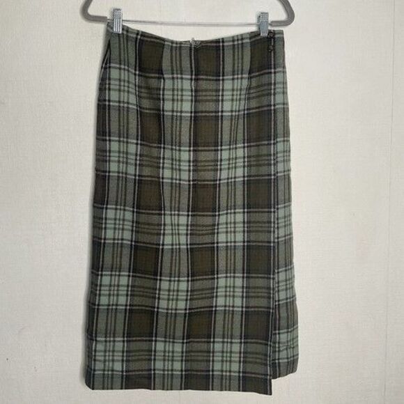 Talbots Tartan Green Plaid Wool Tweed Midi Wrap Pencil Skirt Women Size 12P - Picture 1 of 9